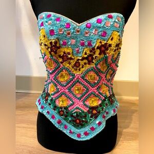Beautiful Vintage Sequins Beaded Embellished Corset Bustier. Pink, Blue, Yellow!